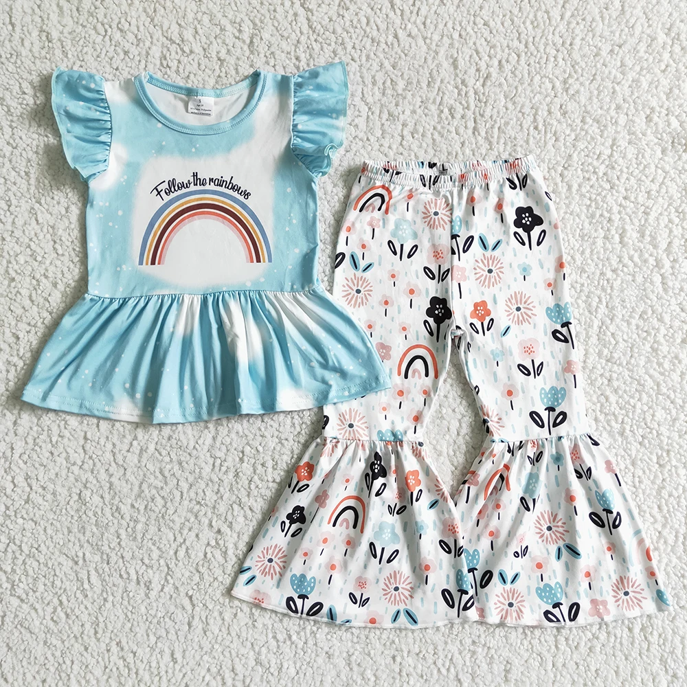 

Hot Sale Blue Bleach Design Flutter Sleeve Follow The Rainbow Floral Print Bell-Bottom Baby Kids Casual Outfits Set