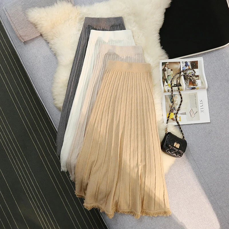 

Женская трикотажная юбка средней длины, трапециевидная юбка с бахромой и высокой талией, Осень-зима 2023