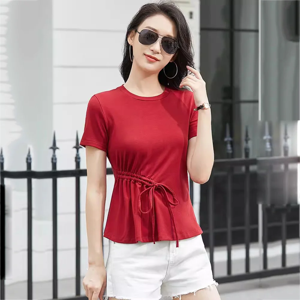 New Women Chic Drawstring T-shirt Summer Fashion O-Neck Short Sleeve Folds Slim Tees Tops Simplicity Casual Cotton
New Women Chic Drawstring T-shirt Summer Fashion O-Neck Short Sleeve Folds Slim Tees Tops Simplicity Casual Cotton