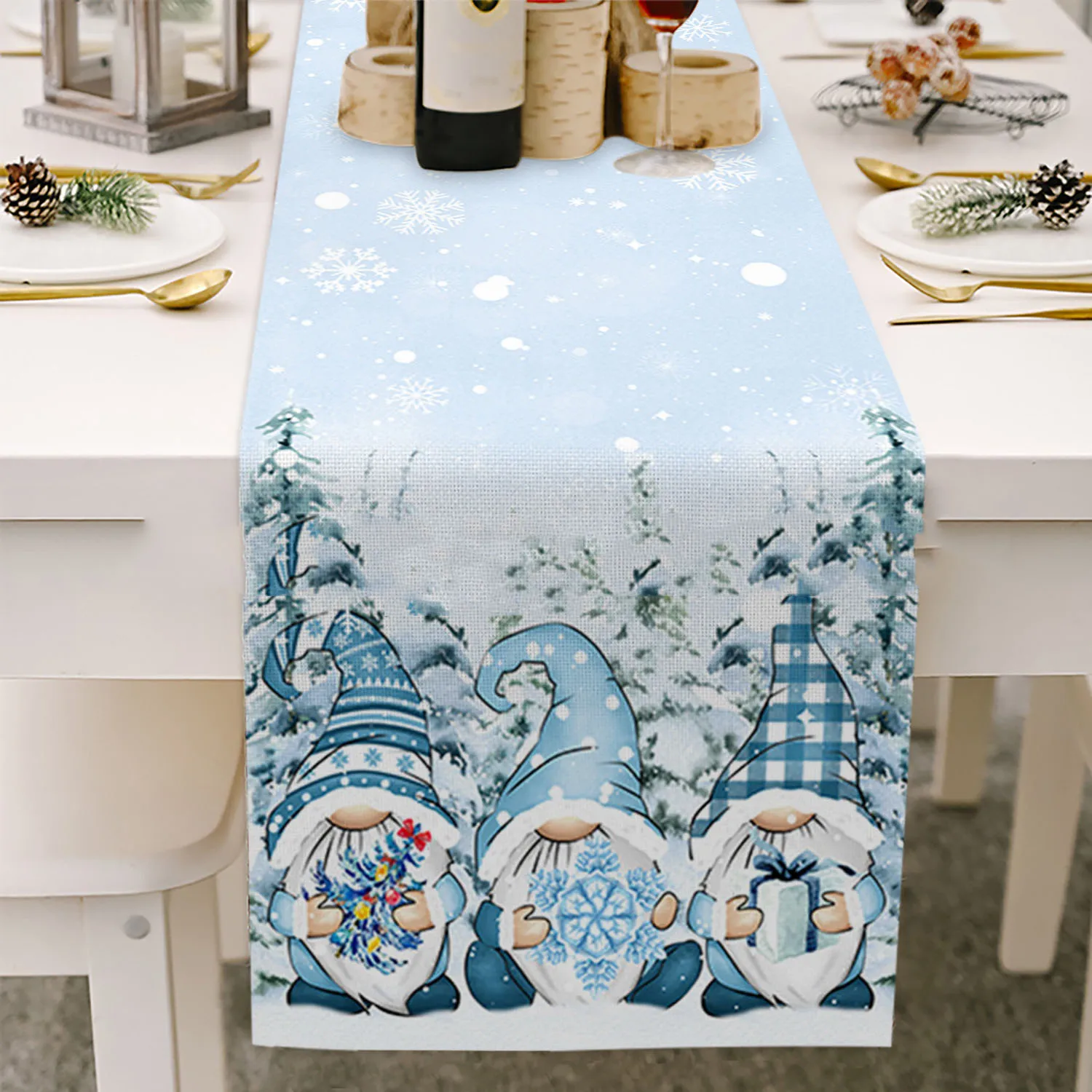 

Christmas Blue Gnomes Winter Snowflake Linen Table Runners Table Decor Reusable Xmas Dining Table Runners Navidad Decorations
