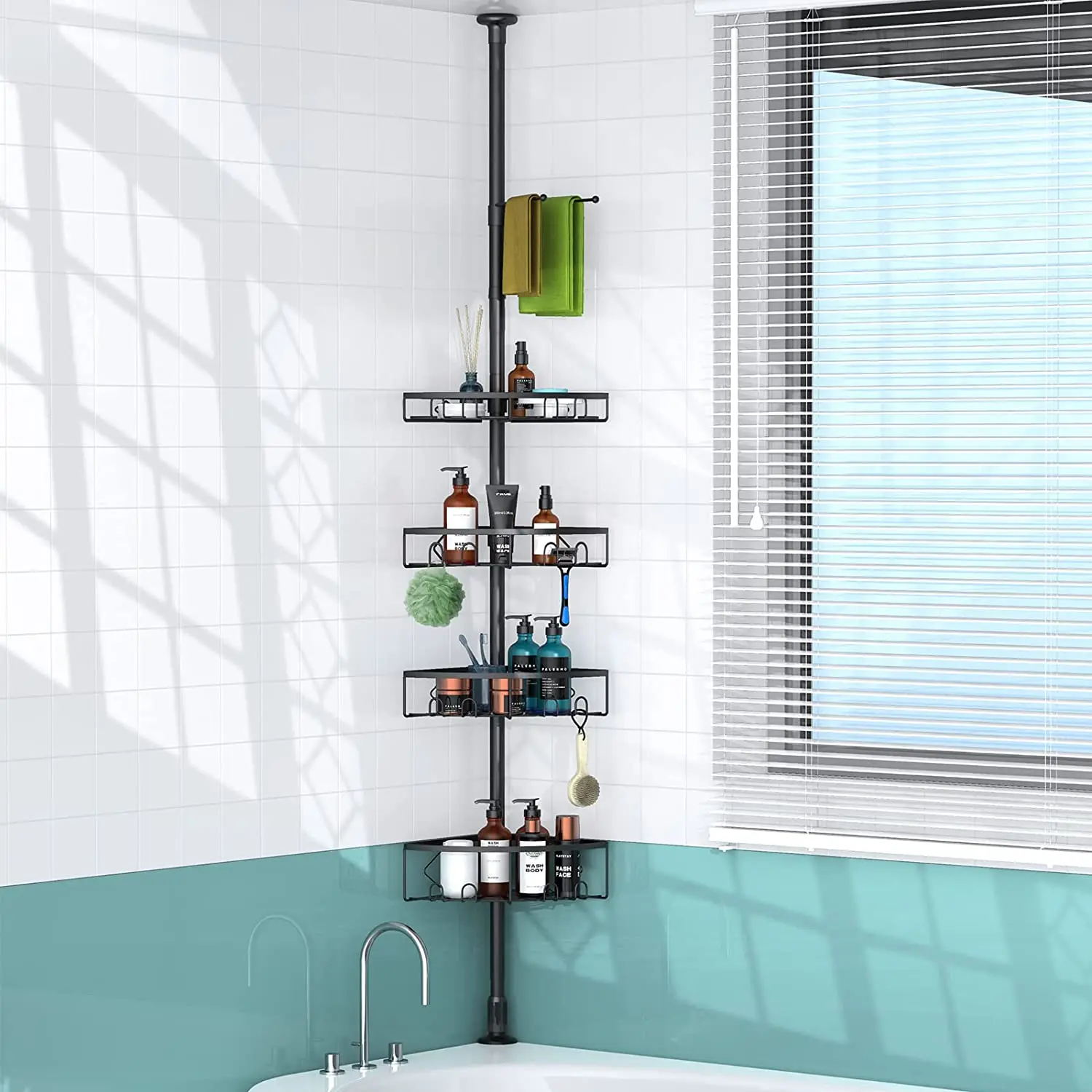 

Corner Shower Caddy Tension Pole, 4 Tier Adjustable Shower Shelves Bathroom Bathtub Shampoo Holder Organizer Storage Rack(Black)