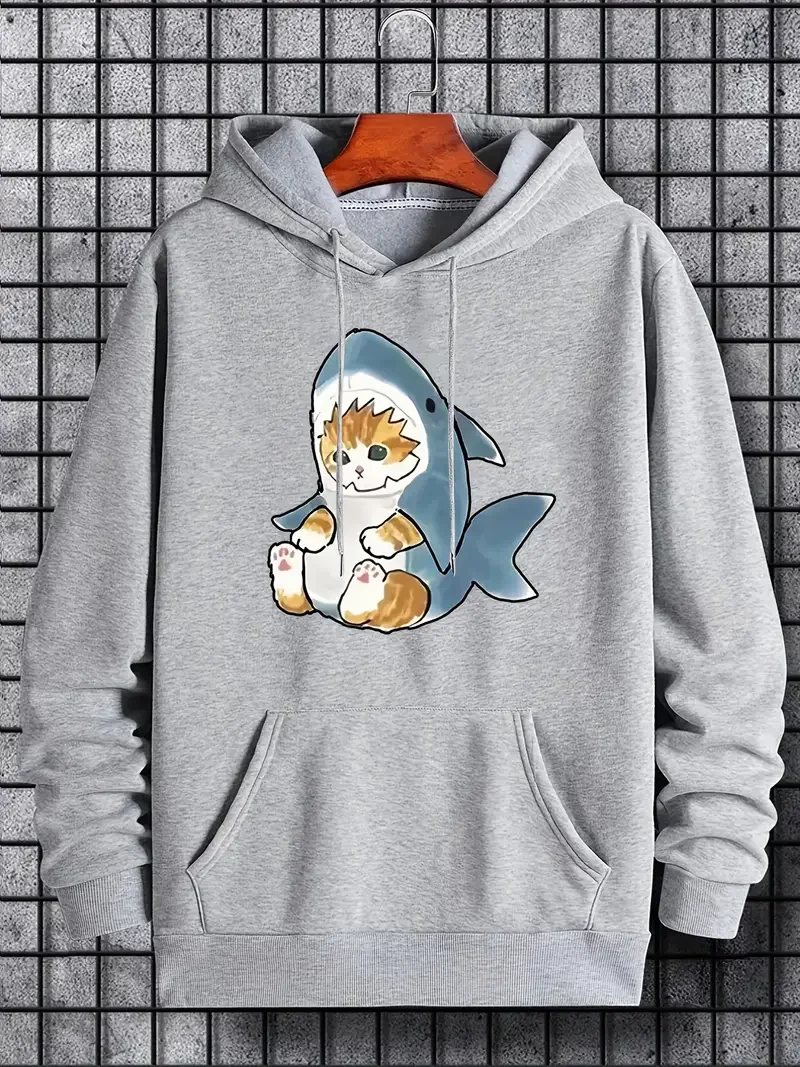

Men's Cat In Shark Costume Print Hoodie - Pullover Hooded Sweatshirt with Kangaroo Pocket - Perfect for Spring & Fall Gifting!