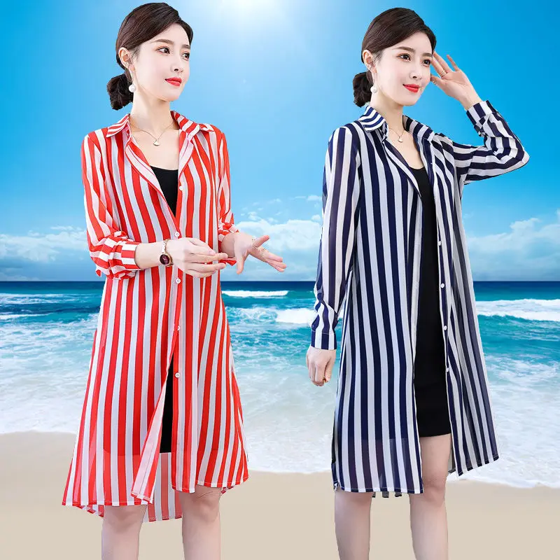Women Summer Coat Stripe Print 3/4 Sleeve Casual Loose Long Chiffon Kimono Cardigan Blouse Top Sun Protection Clothing J350
Women Summer Coat Stripe Print 3/4 Sleeve Casual Loose Long Chiffon Kimono Cardigan Blouse Top Sun Protection Clothing J350