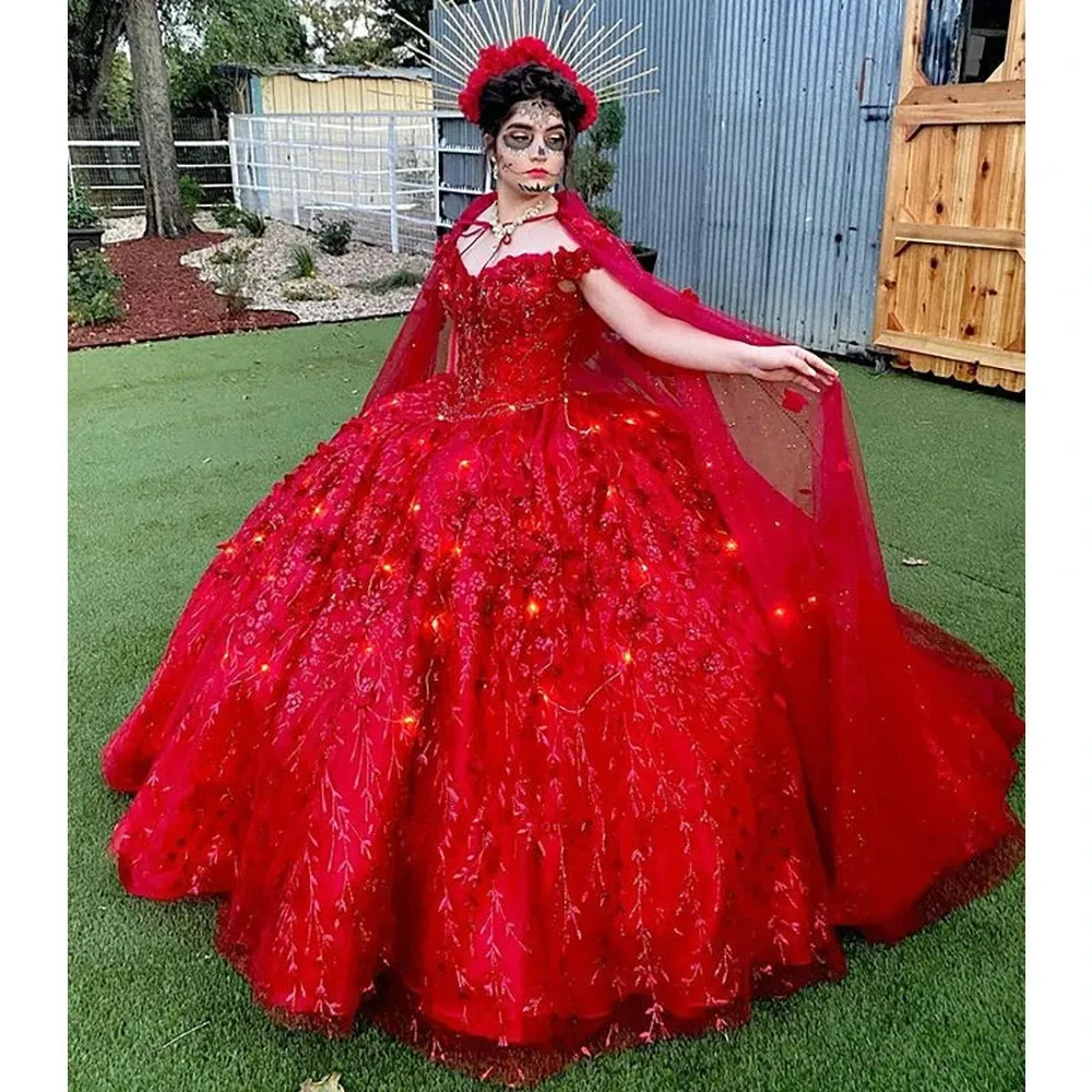 Red Off Shoulder princess Quinceanera Dresses With Cloak 3D Flowers lace-up Crystal Mexican prom Vestido De 15 Anos Sweet 16
Red Off Shoulder princess Quinceanera Dresses With Cloak 3D Flowers lace-up Crystal Mexican prom Vestido De 15 Anos Sweet 16
