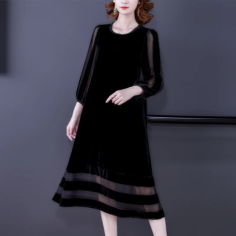 

Вечернее бархатное платье, элегантное осеннее пикантное корейское винтажное Черное женское Сетчатое повседневное свободное платье макси в стиле пэчворк, зима 2022