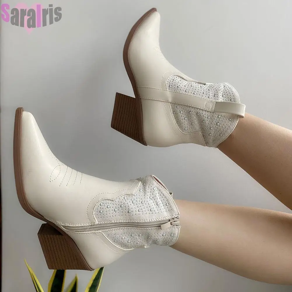 

Women's Ankle Boots Trend 2023 Chunky Heels Cowboy Retro Autumn White Cowgirl Western Short Booties For Women Chelsea Shoes Lady