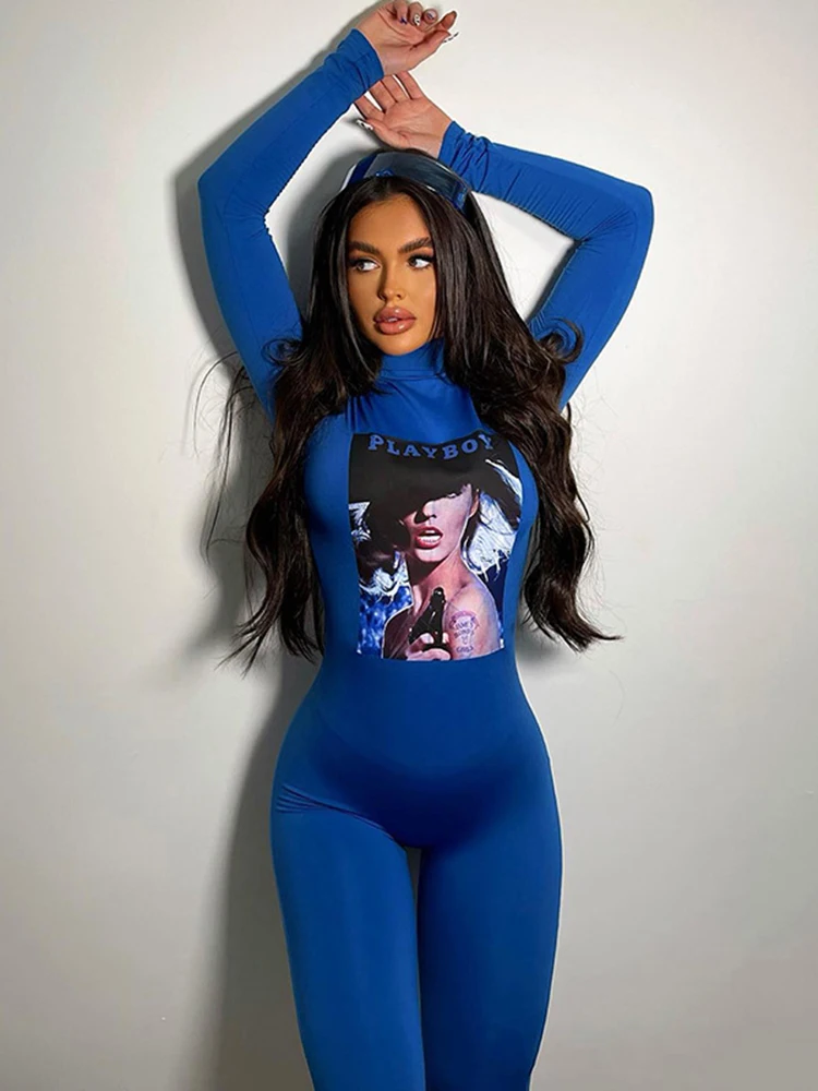 

Sibybo Y2k Graphic Print Slim Turtleneck Jumpsuit Woman Blue Long Sleeves Back Zipper Playsuit Nightclub Sexy Fall Outfits Women