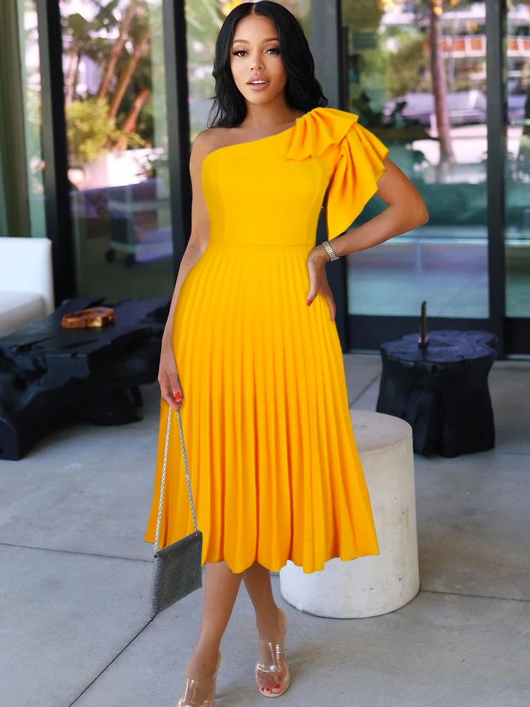 Women Pleated Midi Dresses One Shoulder Ruffles High Waist Elegant A Line Summer Chic African Gowns Event Party Birthday Robes
Women Pleated Midi Dresses One Shoulder Ruffles High Waist Elegant A Line Summer Chic African Gowns Event Party Birthday Robes