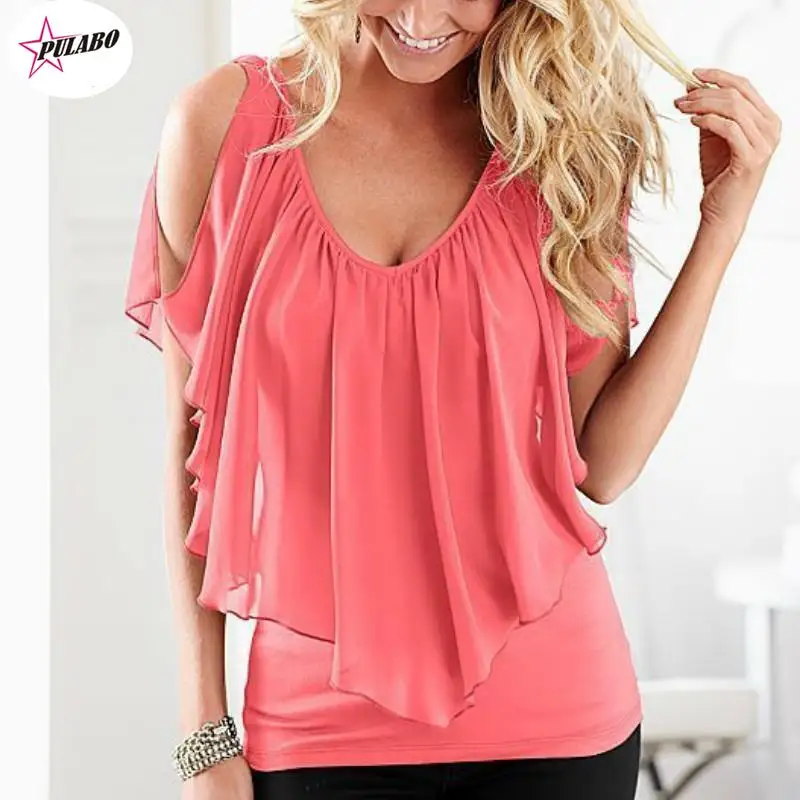 

Women Summer Chiffon Blouse Top PULABO V Collar Hollow Out Short Sleeves Loose Shirt Blusa Feminina 3XL