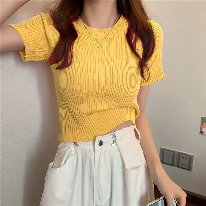 Summer Solid Color Y2k Tees Short-sleeve Ice Silk Sweater T Shirt Women Clothing Korean Lady Kawaii Shirt Street Short Slim Top
Summer Solid Color Y2k Tees Short-sleeve Ice Silk Sweater T Shirt Women Clothing Korean Lady Kawaii Shirt Street Short Slim Top