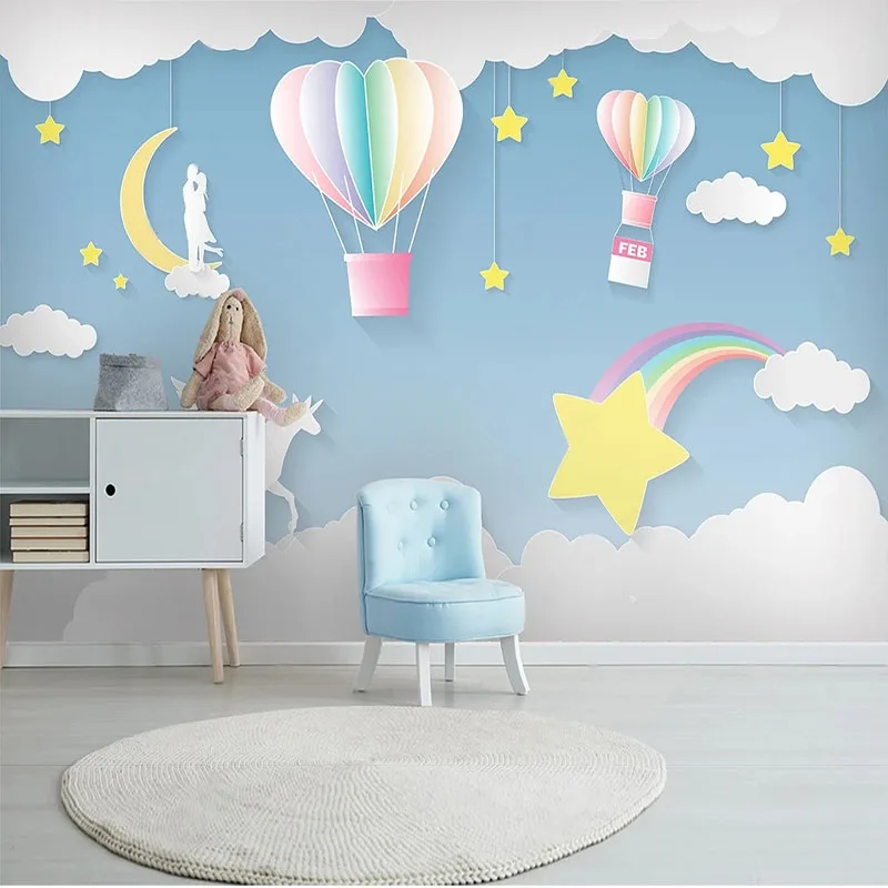 

Custom 3D Photo Wallpaper Cartoon Children's Room Hot Air Balloon Stars Moon White Clouds Background Wall Mural Papel De Parede