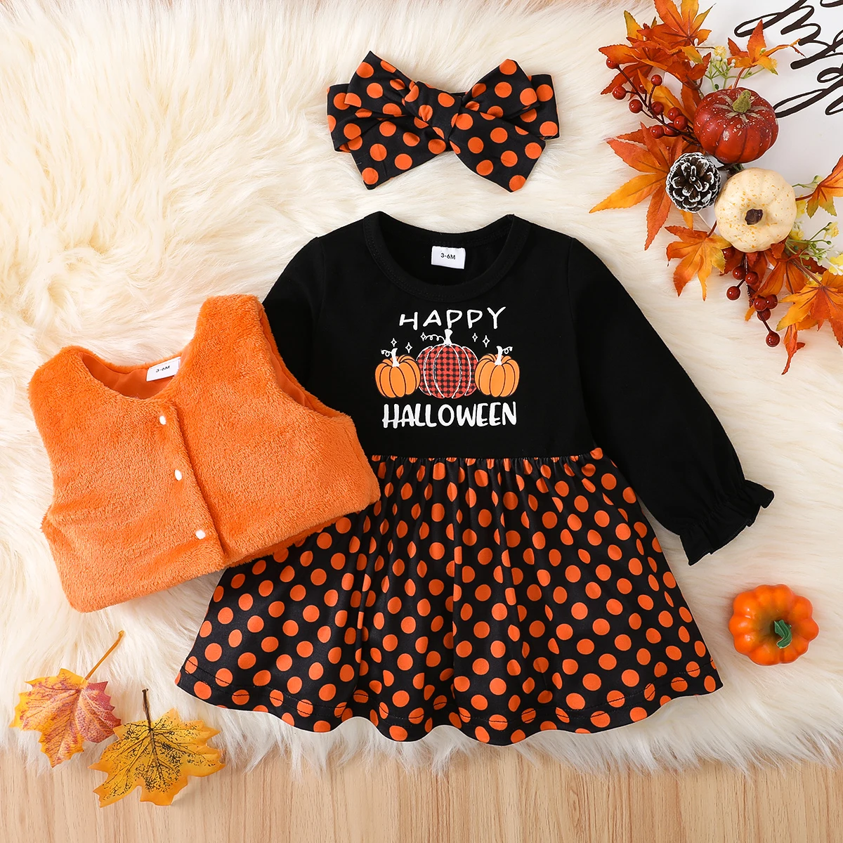 

PatPat Halloween 3pcs Baby Girl Long-sleeve Letter & Pumpkin Print Spliced Polka Dot Dress and Fuzzy Vest with Headband Set