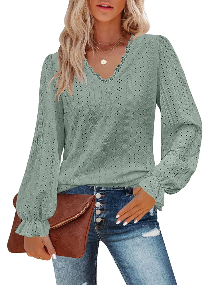 

Casual Lace V-neck Ruffle Long Sleeve Blouse Women 2023 Spring Dressy Elegant Loose Hollow Out Shirts Tee Top Tunic T-shirts