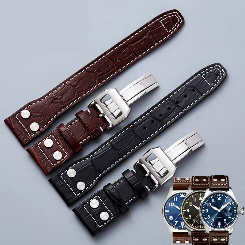 

Watchband For I-WC Pilot Mark series genuine leather strap accessories male rivet cow leather wristband 22mm black brown bands