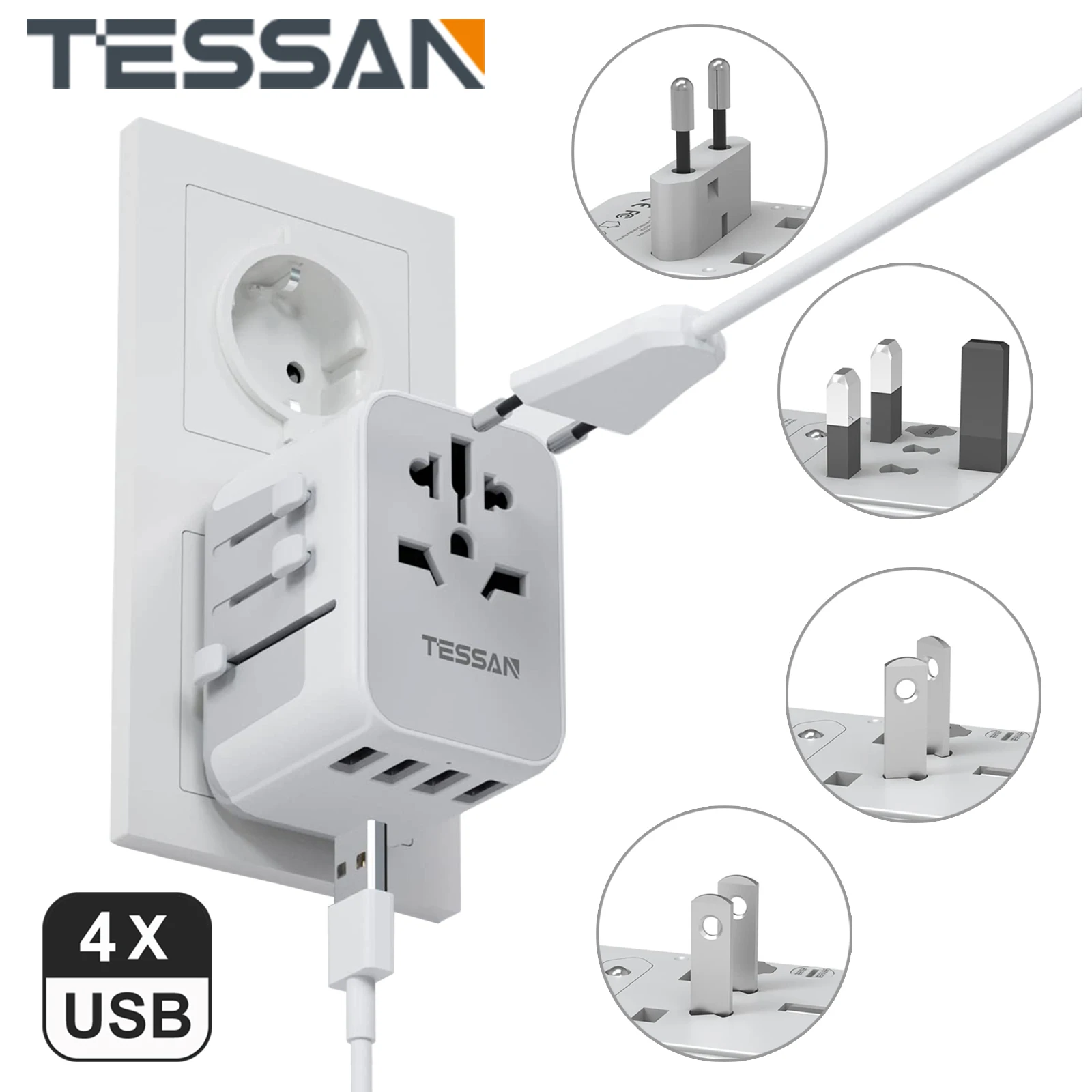 

TESSAN Universal Travel Plug Adapter with 4 USB Ports(3.4A) and 1 AC Plug(2300W), Worldwide Wall Charger for UK/EU/AU/US