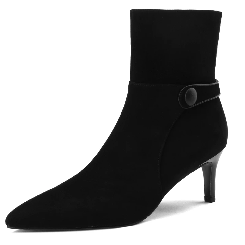 

Женские замшевые ботинки с острым носком, черные или коричневые короткие ботинки из коровьей замши в стиле ретро на тонком каблуке, размеры ...