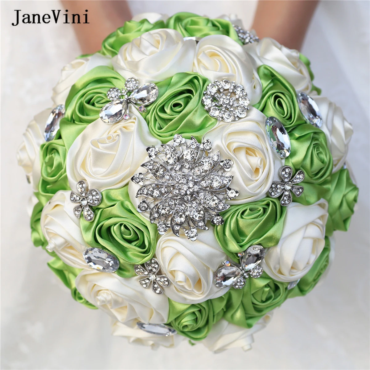 

JaneVini 2023 Spring Green Wedding Flowers Ivory Bridal Bouquets Crystals Artificial Satin Roses Western Elegant Wedding Bouquet