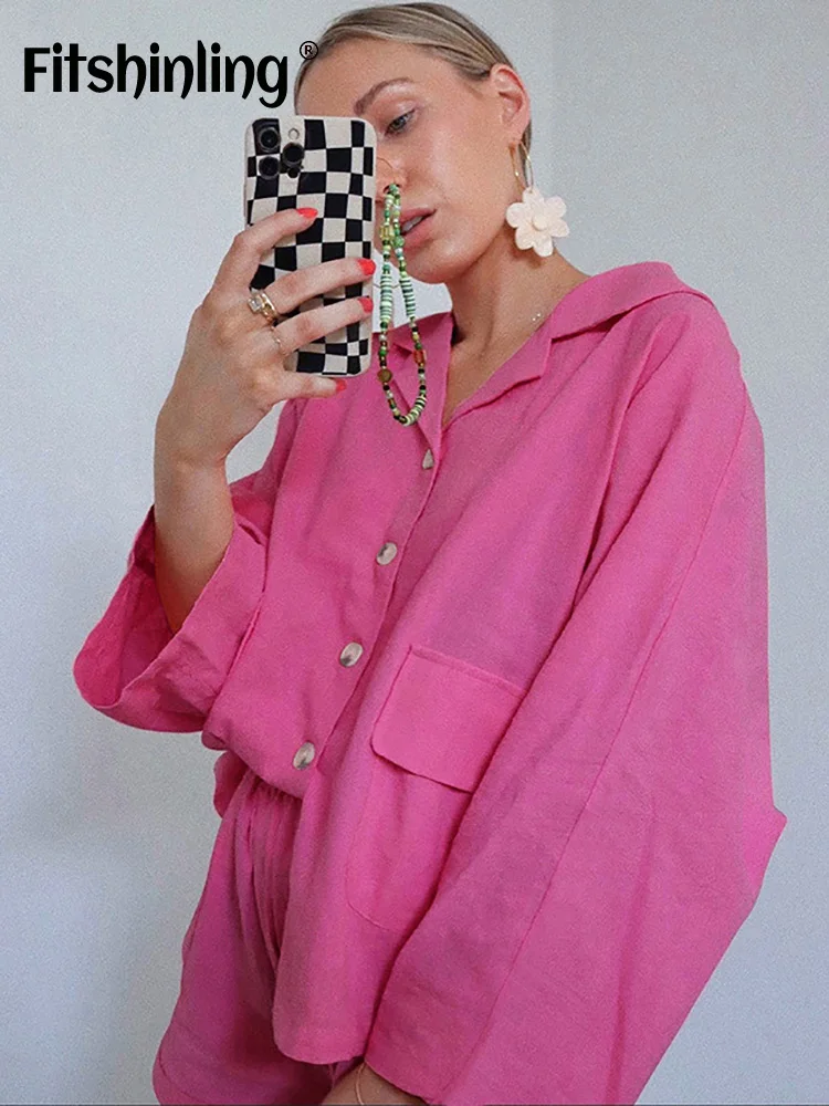 Fitshinling Pocket Loungewear Women Button Long Sleeve Pink Summer Shorts Casual Set Woman 2 Pieces Outfits Long Sleeve Homewear
Fitshinling Pocket Loungewear Women Button Long Sleeve Pink Summer Shorts Casual Set Woman 2 Pieces Outfits Long Sleeve Homewear