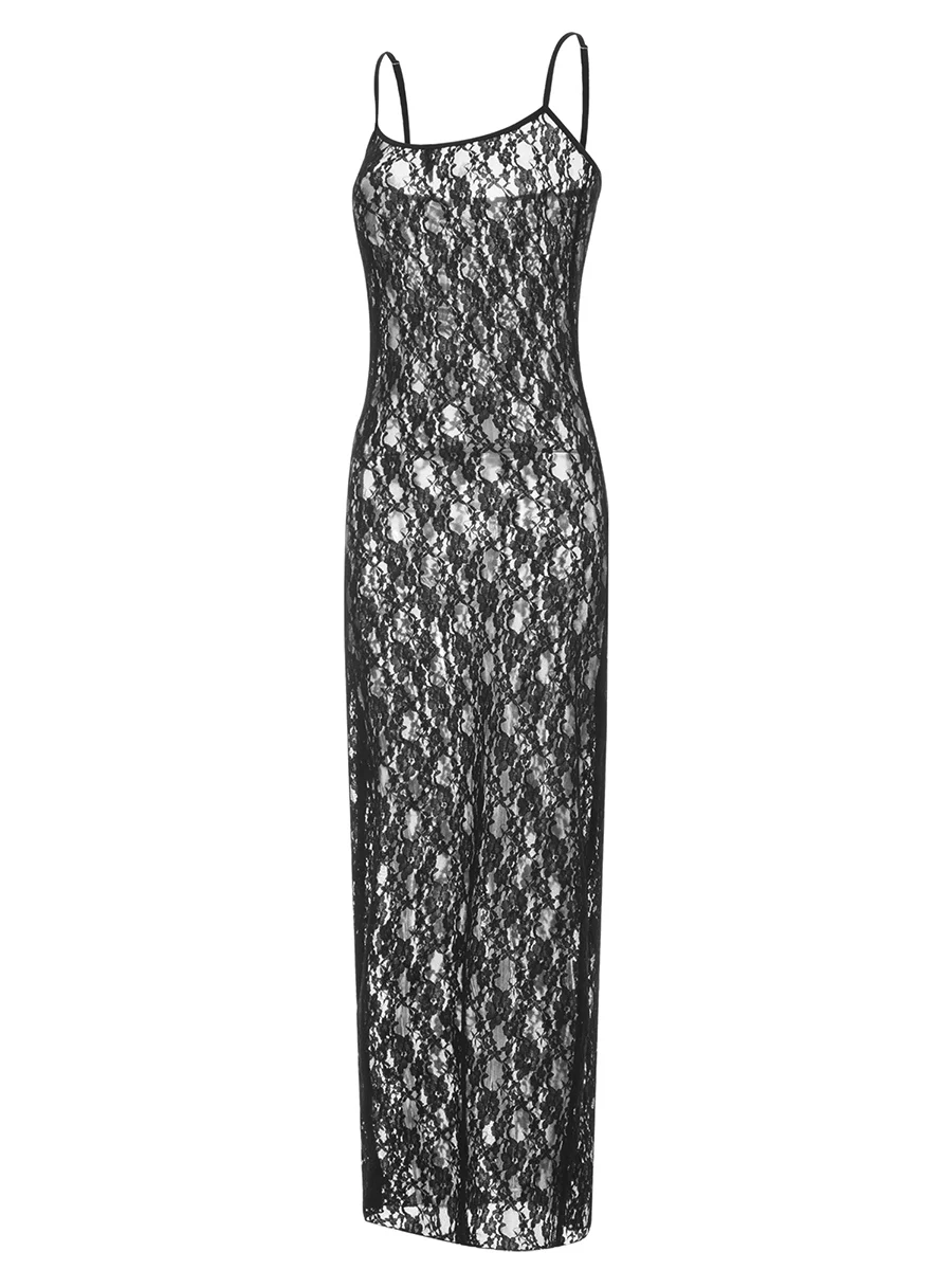 

Women s Elegant Floral Lace Maxi Dress with Sheer High Split Sleeveless V-Neckline and Ruffled Details