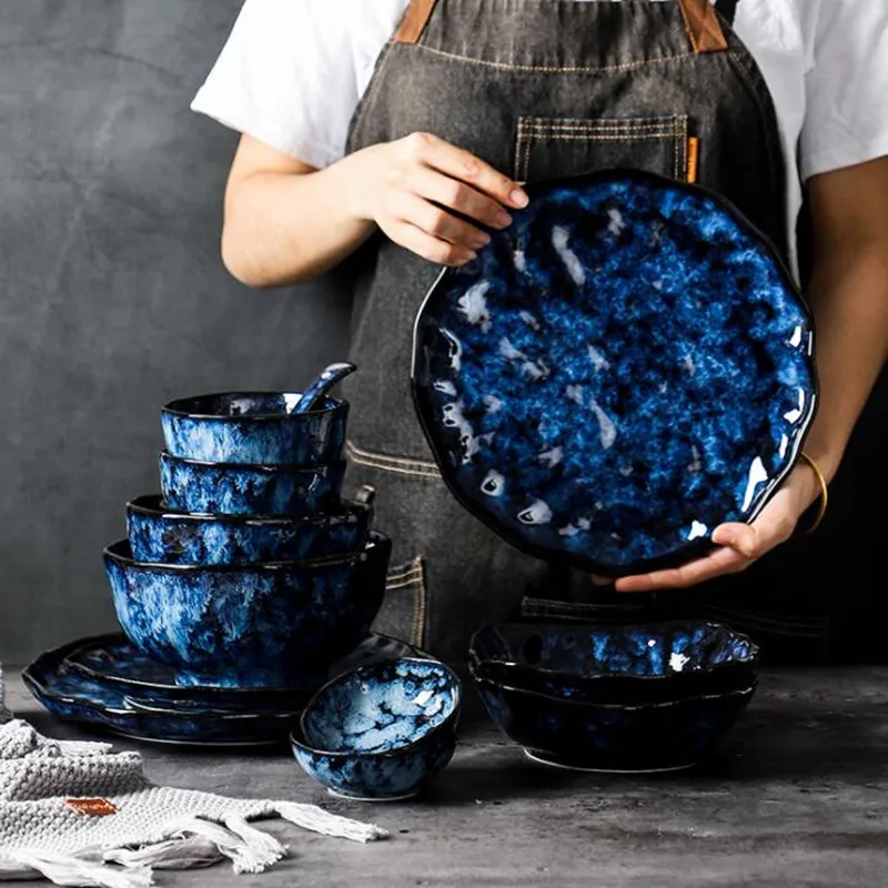 

Японские керамические обеденные тарелки в стиле ретро, чаши, синие блюда, креативная тарелка для торта, салата, столовая посуда, тарелка для рыбы HY