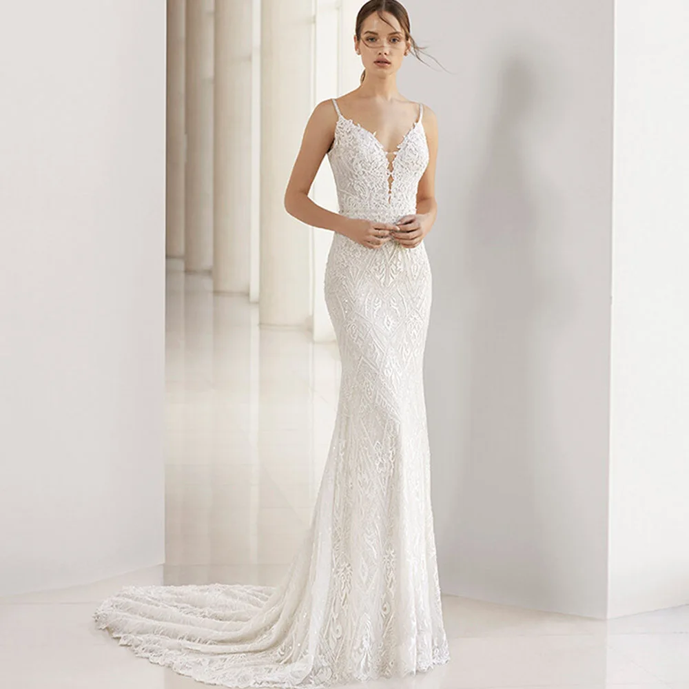 Backless Wedding Dress For Bride Spaghetti Straps Sleeveless V-Neck Bridal Gowns Boho Lace Mermaid Vestido De Noiva Custom Made 
Backless Wedding Dress For Bride Spaghetti Straps Sleeveless V-Neck Bridal Gowns Boho Lace Mermaid Vestido De Noiva Custom Made