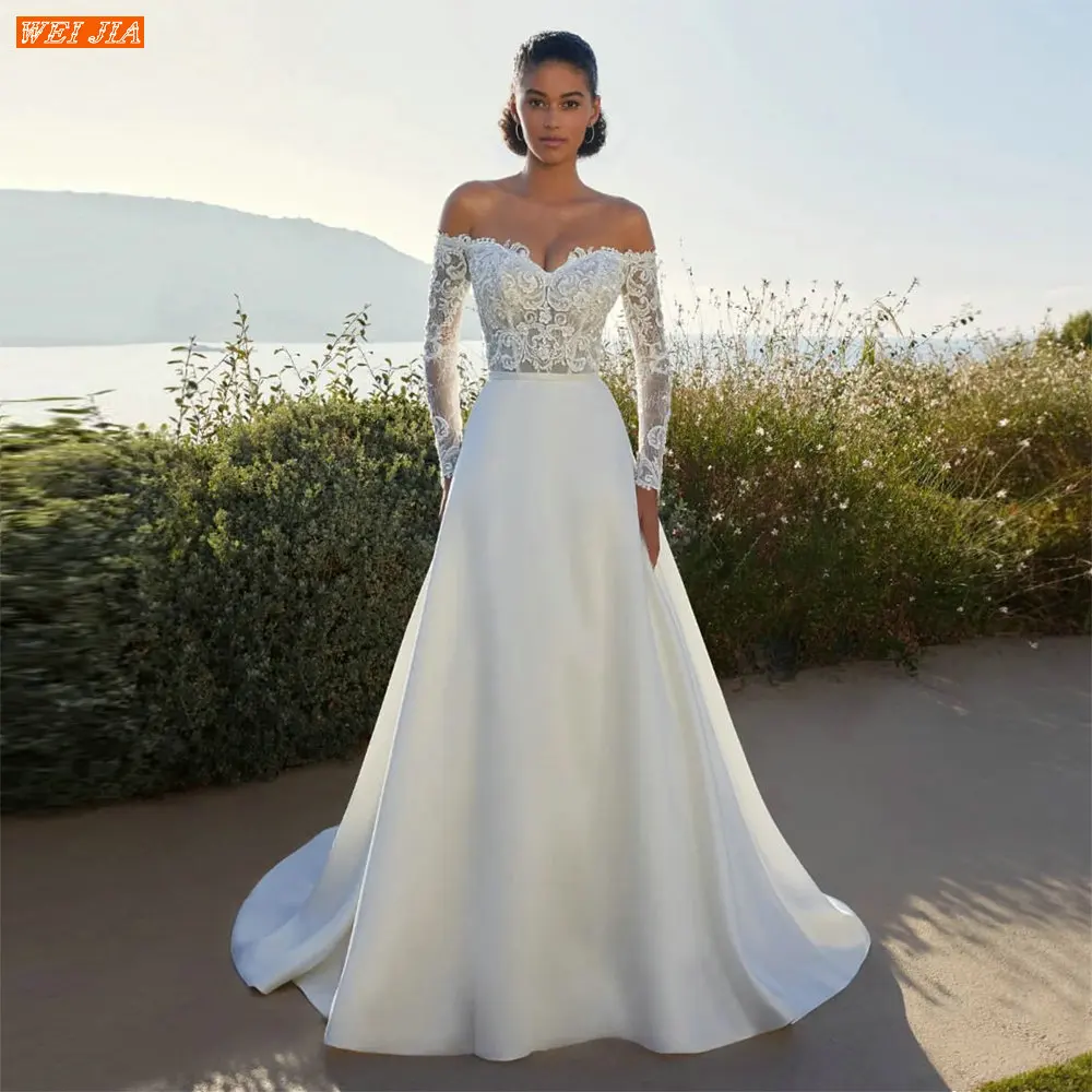 Off Shoulder White Wedding Dress Long Sleeves Appliqued Bridal Dresses A Line Satin Robe De Mariée Princesse Princess Trouwjurk
Off Shoulder White Wedding Dress Long Sleeves Appliqued Bridal Dresses A Line Satin Robe De Mariée Princesse Princess Trouwjurk