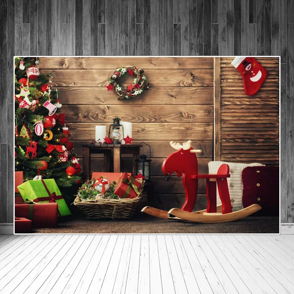 

Фон для фотосъемки с изображением рождественской елки подарка лошади венка деревянной стены комнаты