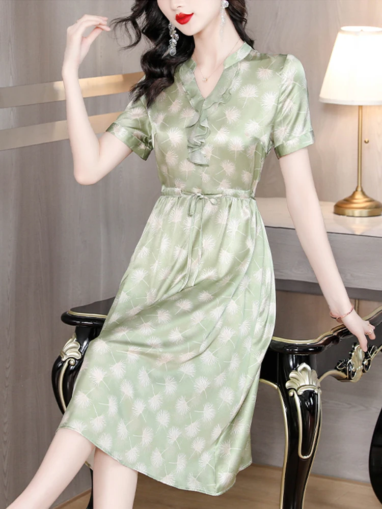 

Женское винтажное платье средней длины, зеленое Цветочное платье в Корейском стиле, повседневное элегантное тонкое атласное шелковое платье для выпускного вечера, лето 2023