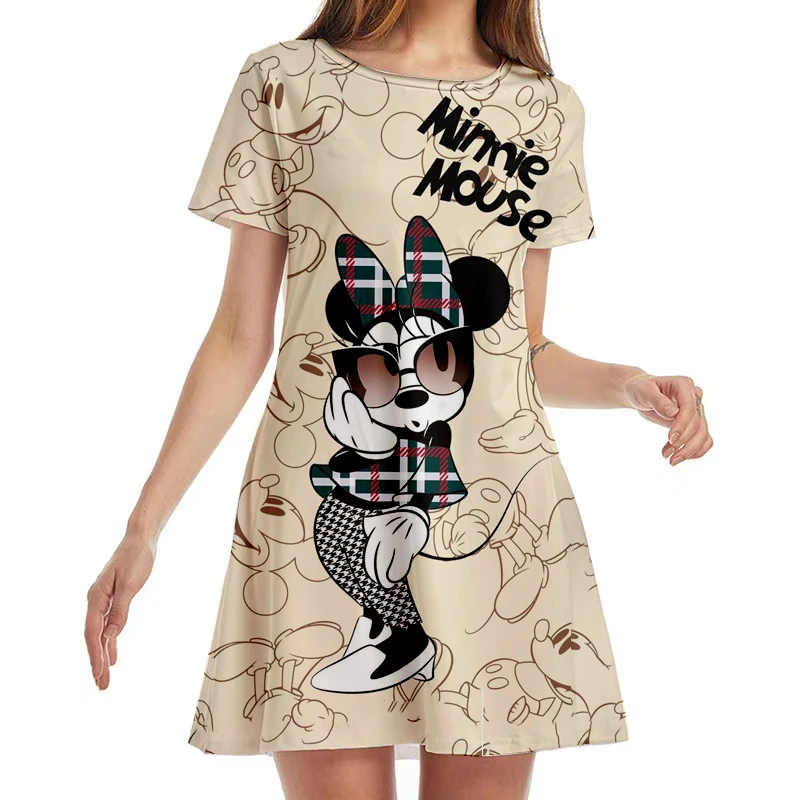 

New Disney Minnie Mouse Anime Print Summer 2022 Ladies Sexy Round Neck Boho Beach Dress Ruffle Short Sleeve Mini Dress Y2K