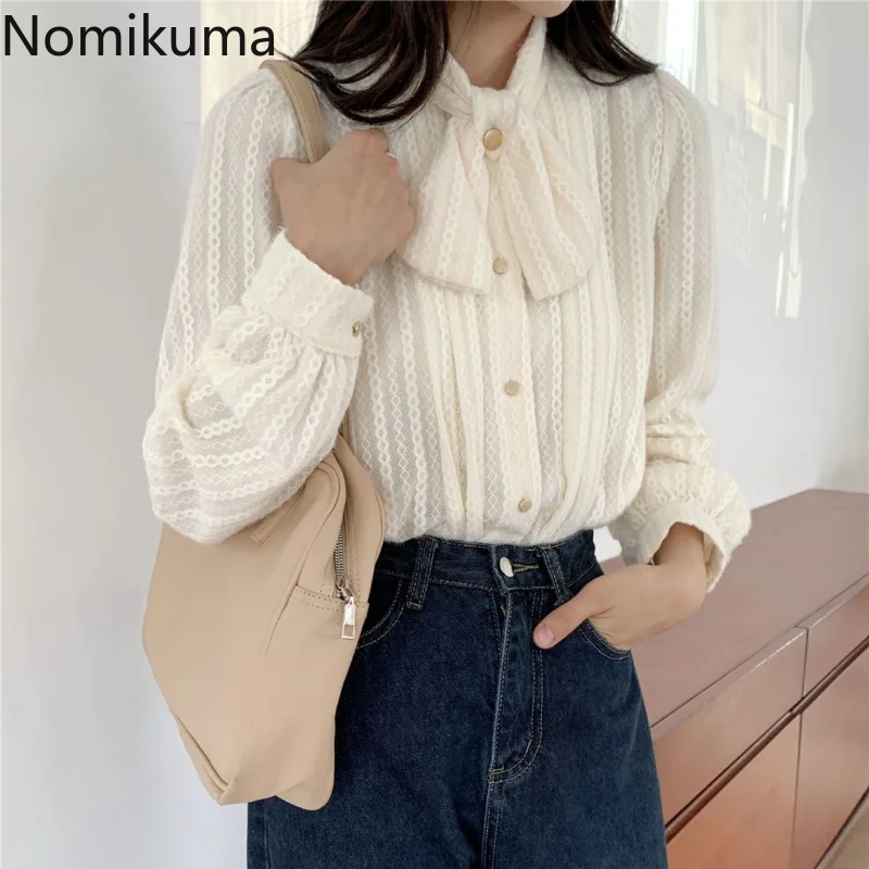 

Nomikuma Camisas Y Blusas Autumn Winter Lantern Sleeve Drawstring Thick Blusas Femininas Elegantes Fashion Vintage Blouse Women