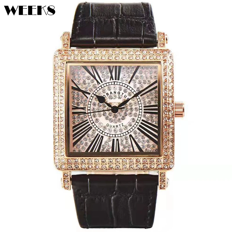 

Women Watch Full Diamond Genuine Leather Band Rectangle Square Roman Numeral Female Iced Out Dial Quartz Wristwatch Female Reloj