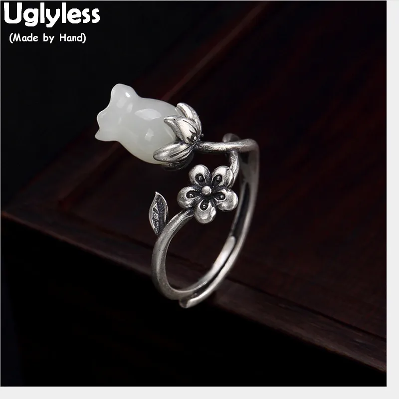 

Uglyless 100% Real Solid 925 Sterling Silver Handmade Flower Thai Silver Finger Rings for Women Natural Jade Magnolia Open Ring
