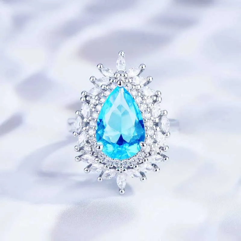 

Элегантное темпераментное регулируемое кольцо с инкрустацией небесно-голубого цвета в форме капли воды из циркона ААА изысканное женское свадебное обручальное ювелирное изделие