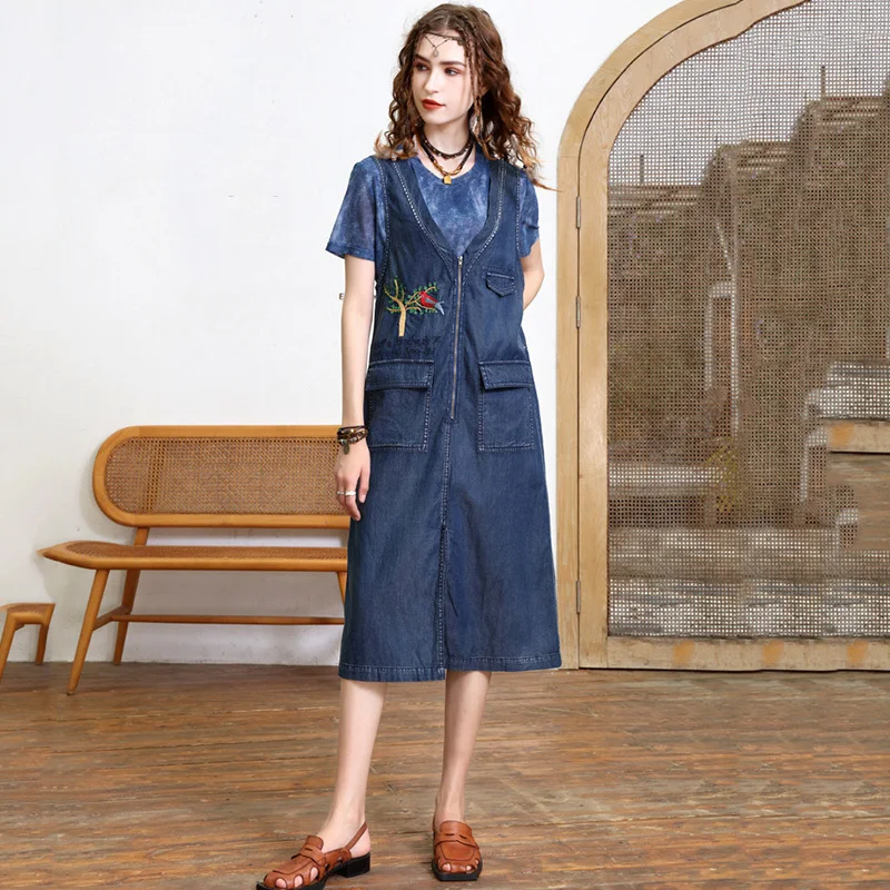 SeeBeautiful Embroidery Denim Strap Dress V-neck Sleeveless Zipper Pockets Stitching Women Summer 2022 New Fashion Q402
SeeBeautiful Embroidery Denim Strap Dress V-neck Sleeveless Zipper Pockets Stitching Women Summer 2022 New Fashion Q402