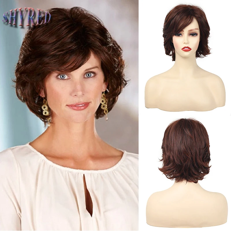 

Ombre Brown Short Curly Pixie Cut Wig with Fluffy Bang Wig for Women Daily Party Synthetic Highlight Straight Hair Wigs