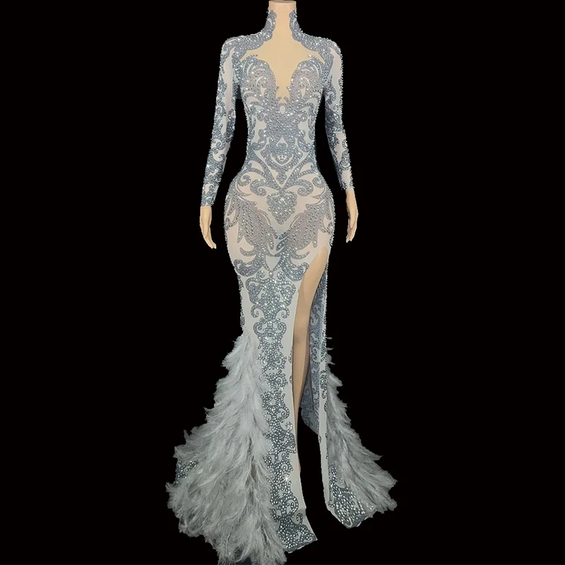 Sexy Sparkly Rhinestones Feather Dress High Split Transparent Celebrate Evening Prom Gown Birthday Dress Women Festival Dress
Sexy Sparkly Rhinestones Feather Dress High Split Transparent Celebrate Evening Prom Gown Birthday Dress Women Festival Dress