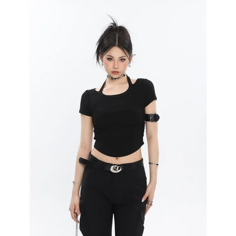 Simple hanging neck short sleeved T-shirt solid color versatile bottom top for women
Simple hanging neck short sleeved T-shirt solid color versatile bottom top for women