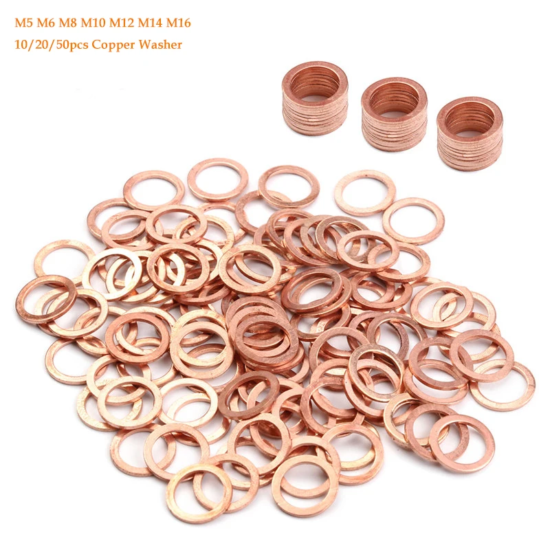 

10/20/50pcs Copper Washer Solid Gasket Sump Plug Oil Seal Shim Flat Ring Seal Plain Spacer Washers M5 M6 M8 M10 M12 M14 M16