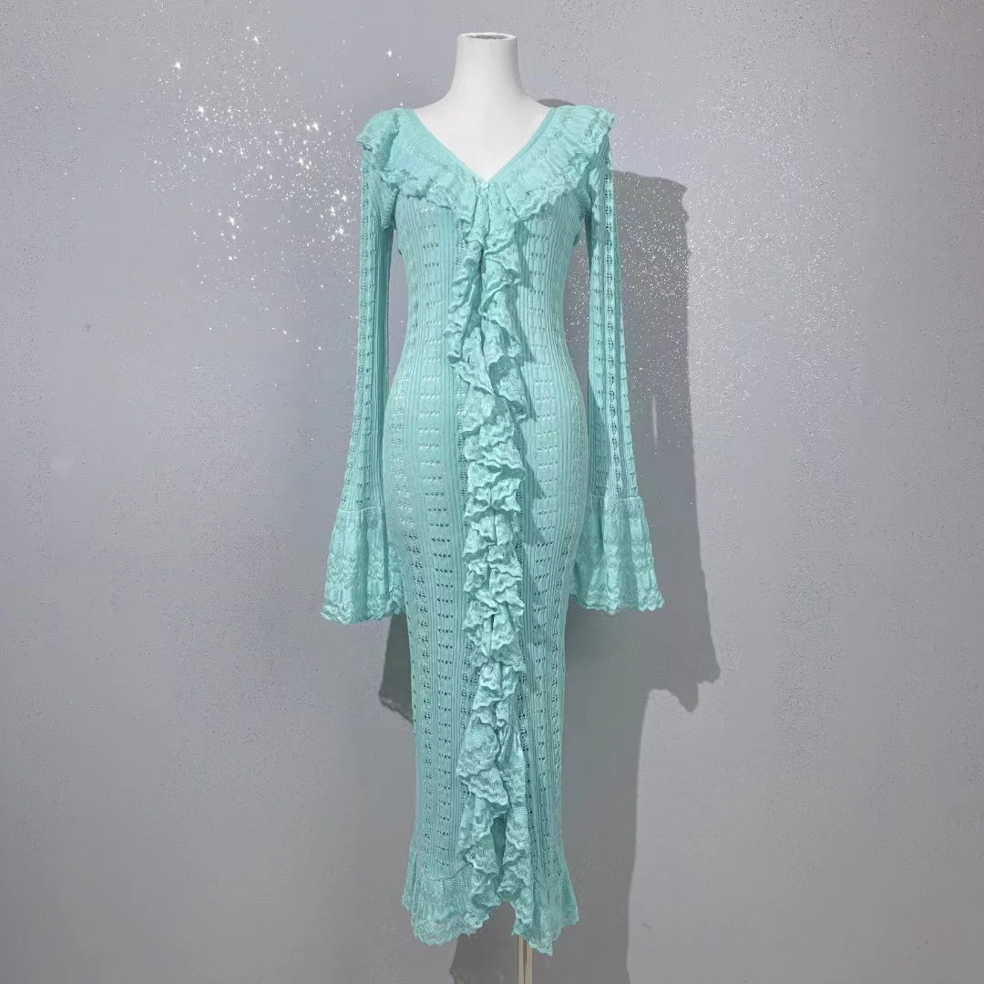 

Fyion High Quality 2023 Summer Women Fashion Runway Vintage Long Knit Dress Ladies V-Neck Flare Sleeves Slim Ruffles Dresses