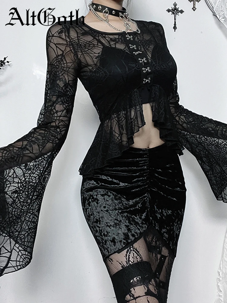 AltGoth Sexy Gothic Spider Web Blouse Women Streetwear Harajuku See Through Flare Sleeve O-neck Irregular Hem Crop Shirt Female
AltGoth Sexy Gothic Spider Web Blouse Women Streetwear Harajuku See Through Flare Sleeve O-neck Irregular Hem Crop Shirt Female