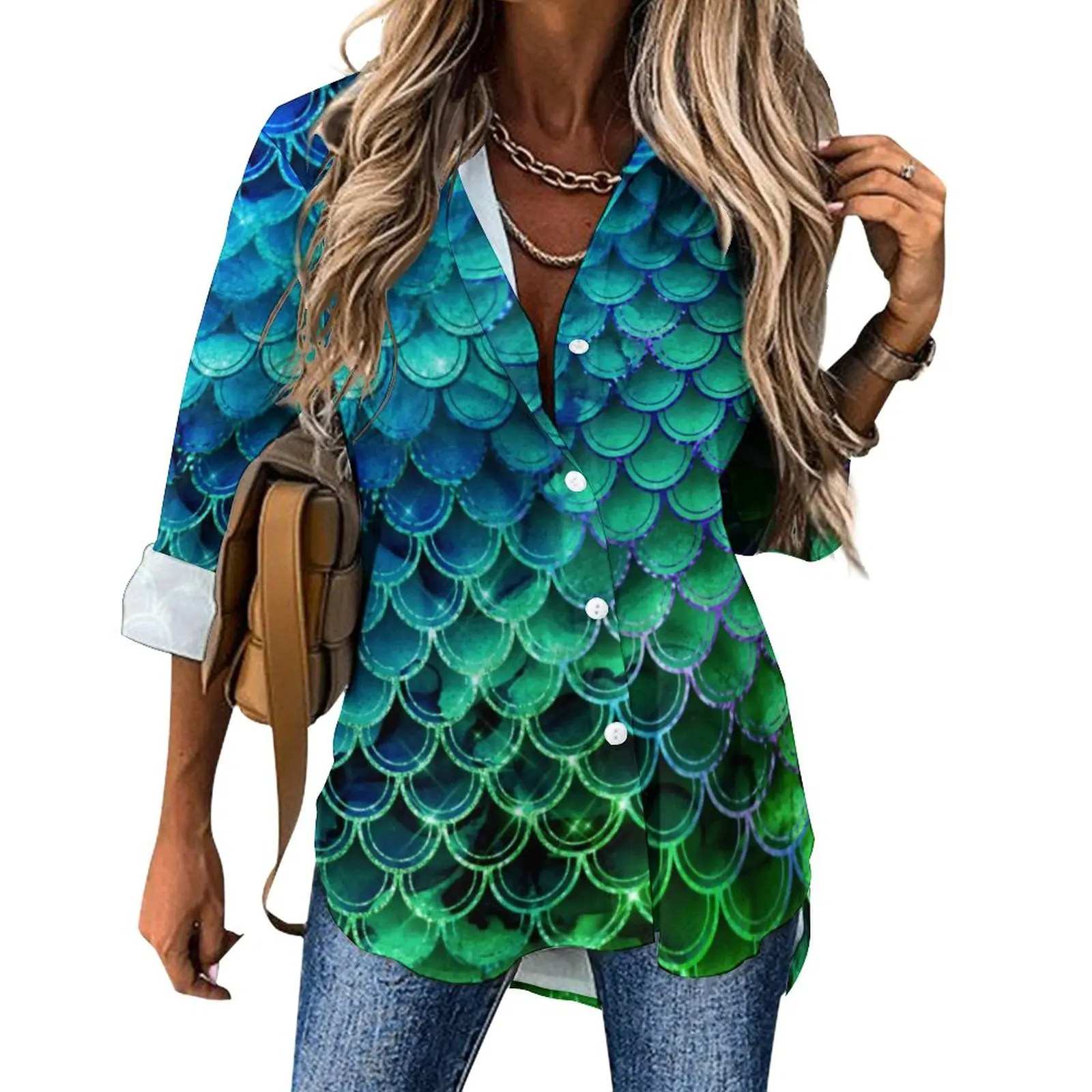 Fish Mermaid Loose Blouse Blue Green Ombre Street Style Oversize Blouses Womens Long-Sleeve Vintage Shirt Spring Printed Top
Fish Mermaid Loose Blouse Blue Green Ombre Street Style Oversize Blouses Womens Long-Sleeve Vintage Shirt Spring Printed Top