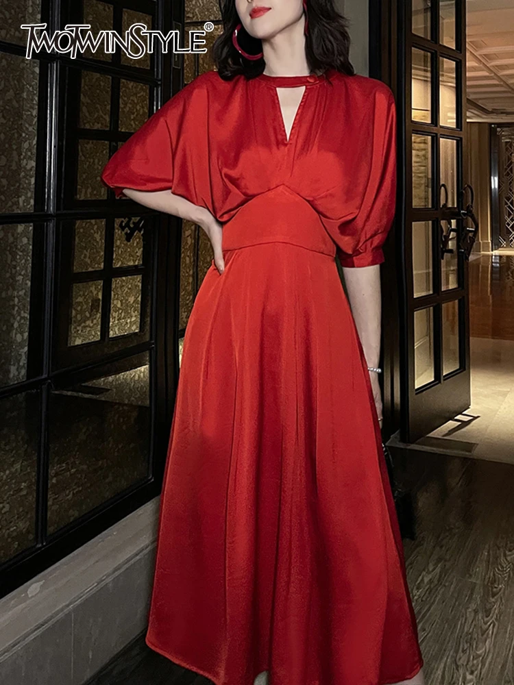 TWOTWINSTYLE Vintage Red Dress For Women V Neck Batwing Sleeve High Waist Solid Minimalist Loose Midi Dresses Female Summer 2022
TWOTWINSTYLE Vintage Red Dress For Women V Neck Batwing Sleeve High Waist Solid Minimalist Loose Midi Dresses Female Summer 2022