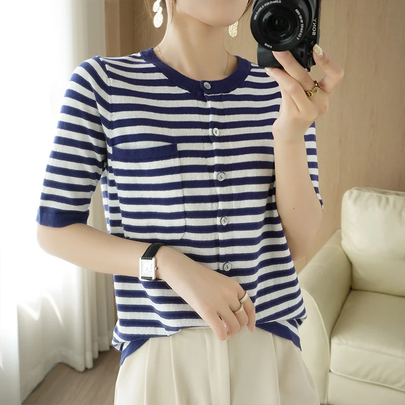 100%Pure cotton T-shirt women's round neck striped cardigan 2022 summer new short-sleeved casual knitted plus size top tees
100%Pure cotton T-shirt women's round neck striped cardigan 2022 summer new short-sleeved casual knitted plus size top tees