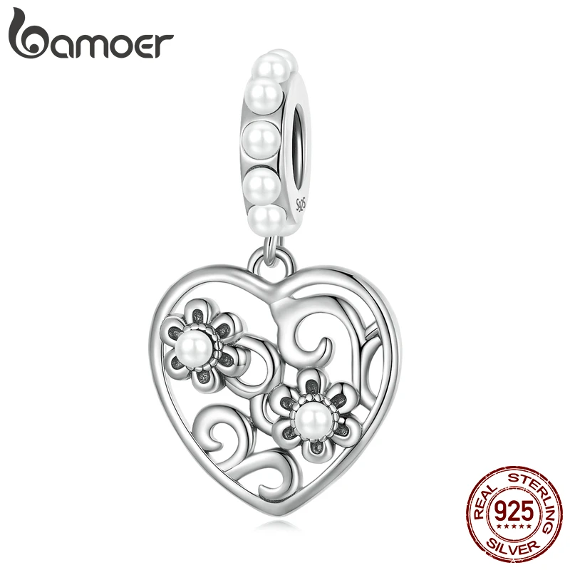 

Bamoer 925 Sterling Silver Pavé Sparkling CZ Heart & Flower Pendant fit Female Bracelet & Bangle Bead Lovely Jewelry DIY Making