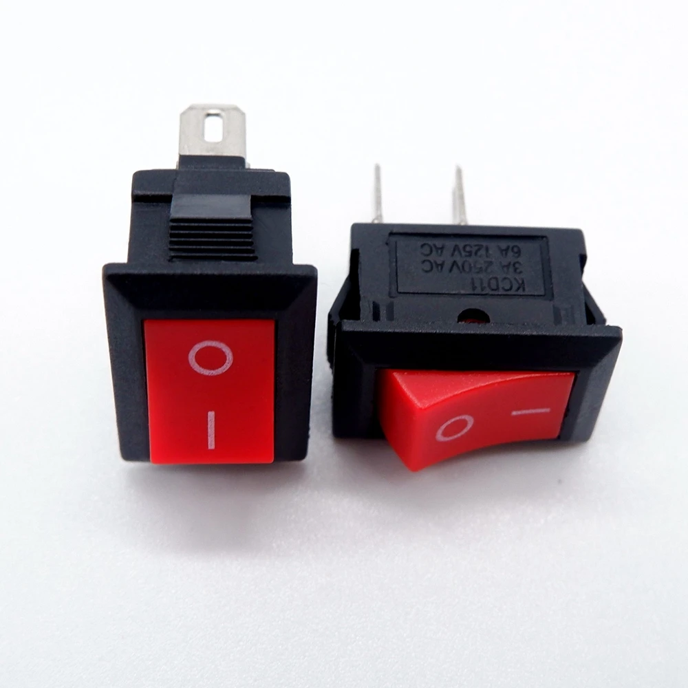 

100pcs Mini Rocker Switch SPST Black and Red Snap in Switches Button AC 250V 3A / 125V 6A 2 Pin I/O 10*15mm On-off KCD11