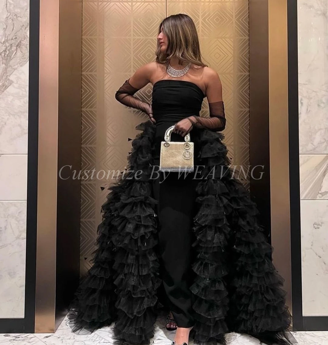 Black Satin Tulle Long Prom Dresses Strapless Floor Length Tiered Saudi Arabic Women Evening Party Dress
Black Satin Tulle Long Prom Dresses Strapless Floor Length Tiered Saudi Arabic Women Evening Party Dress