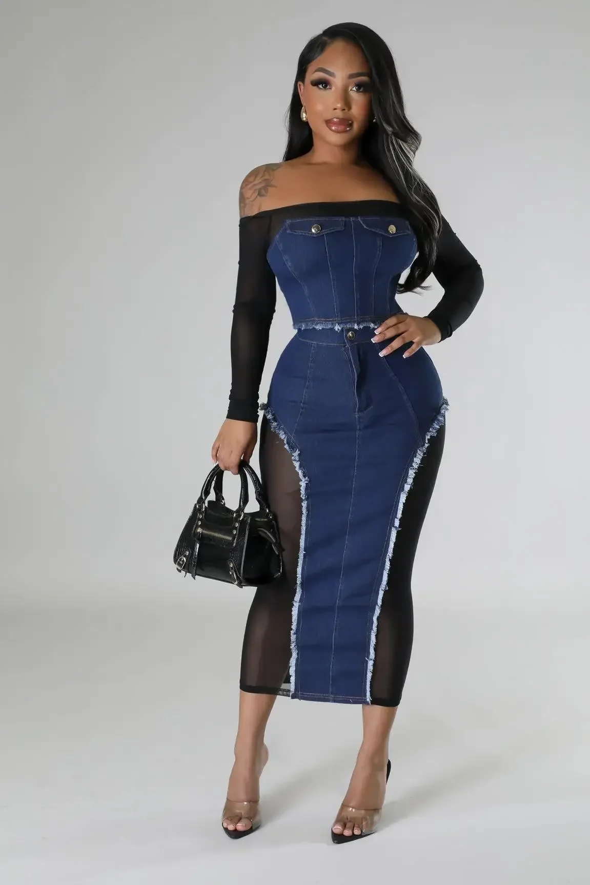 Sexy Slash Neck Top and Long Skirts Skinny Club Birthday Party Outfits for Women Fall Sheer Mesh Patchwork Denim Two Piece Set
Sexy Slash Neck Top and Long Skirts Skinny Club Birthday Party Outfits for Women Fall Sheer Mesh Patchwork Denim Two Piece Set