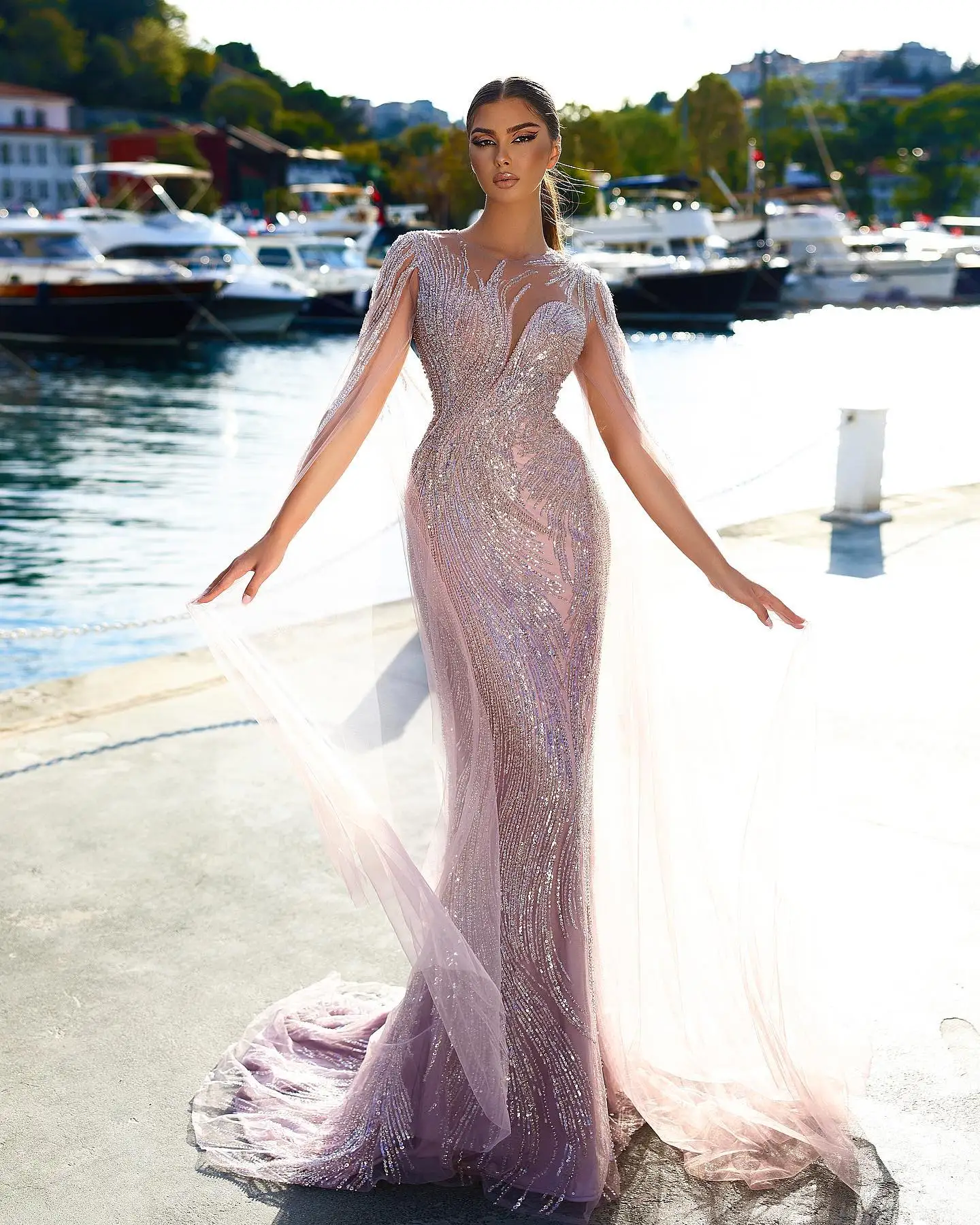 

Glitter Pink Mermaid Evening Dresses Sheer Neck Jewel Prom Gowns Custom Made Sequins Beading Party Dresses