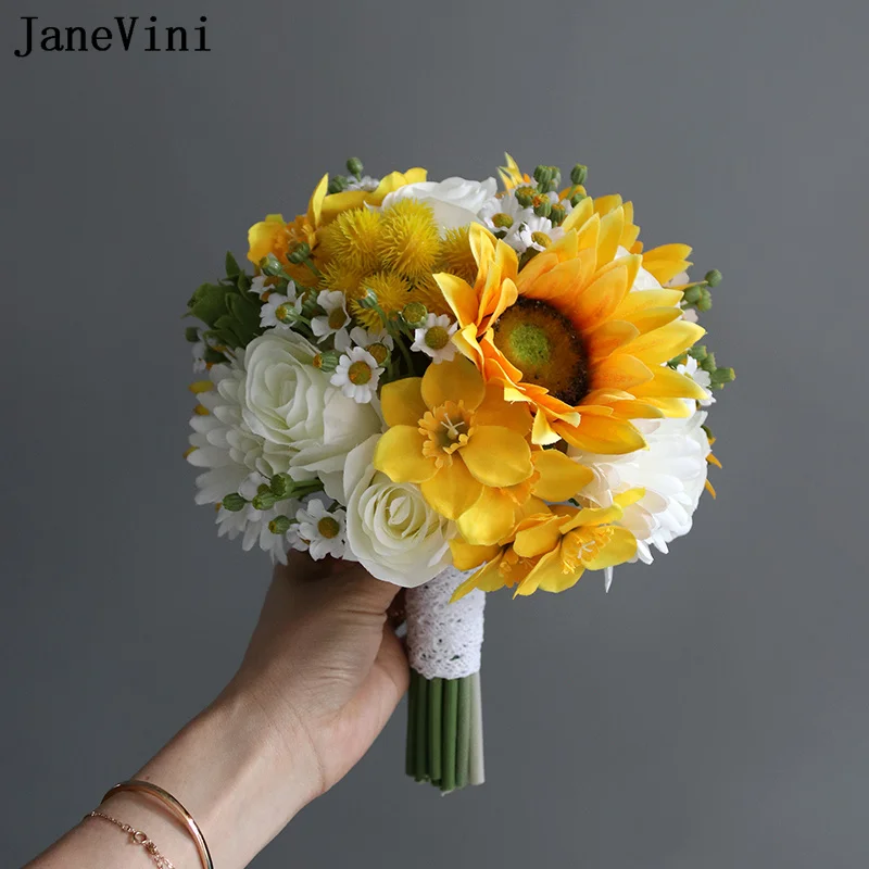 

JaneVini Artificial Sunflower Bride Bouquet Wedding Flowers Yellow Daisy Roses Artificielles Mariage Bridal Bouquets Accessories