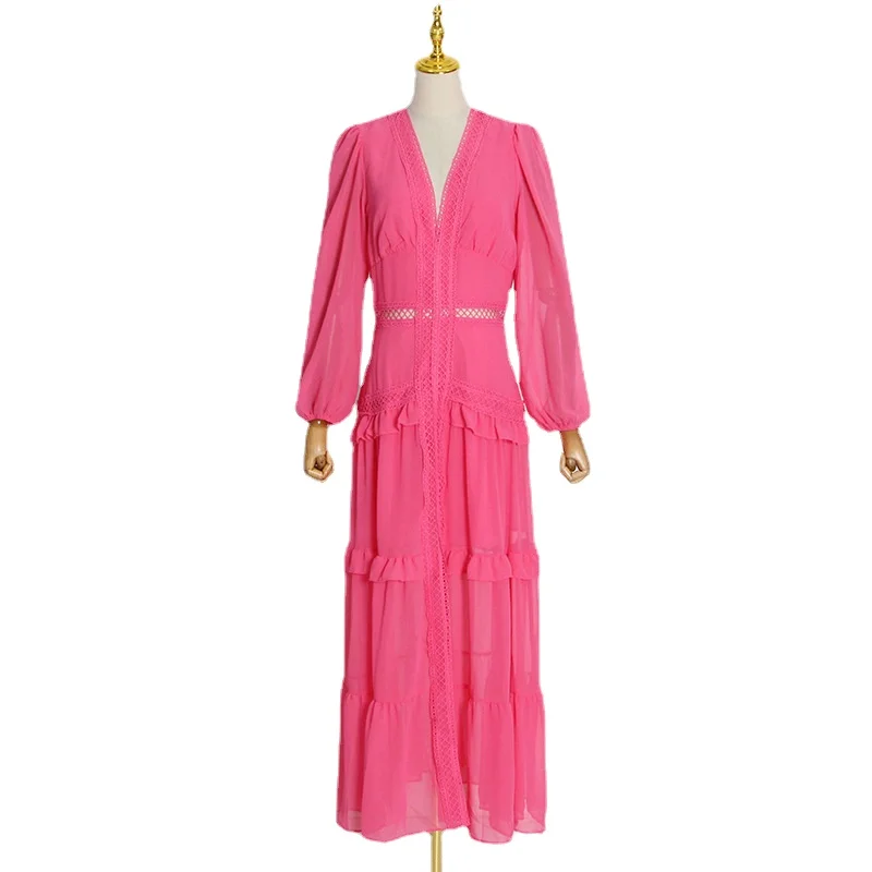 Lady Long Sleeve Lace Dresses 2022 Spring Autumn New Fashion V-neck Long-sleeved Hollow Ruffle Dress Solid Color Women Dress
Lady Long Sleeve Lace Dresses 2022 Spring Autumn New Fashion V-neck Long-sleeved Hollow Ruffle Dress Solid Color Women Dress